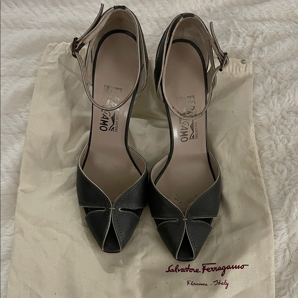 Salvatore Ferragamo Gray and Cream Peep-Toe, Ankle Strap Heels | 8.5B